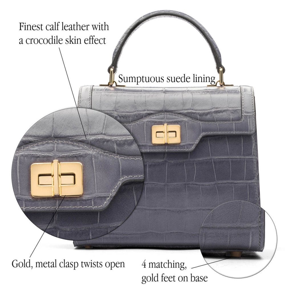 Leather signature Morgan bag, grey croc, features