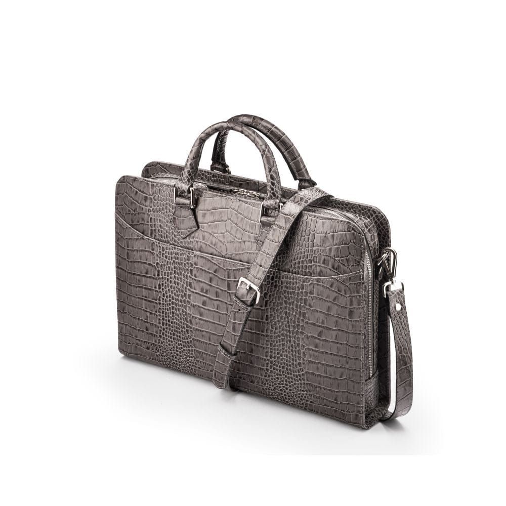 Leather Trinity 13" laptop briefcase, grey croc, side view