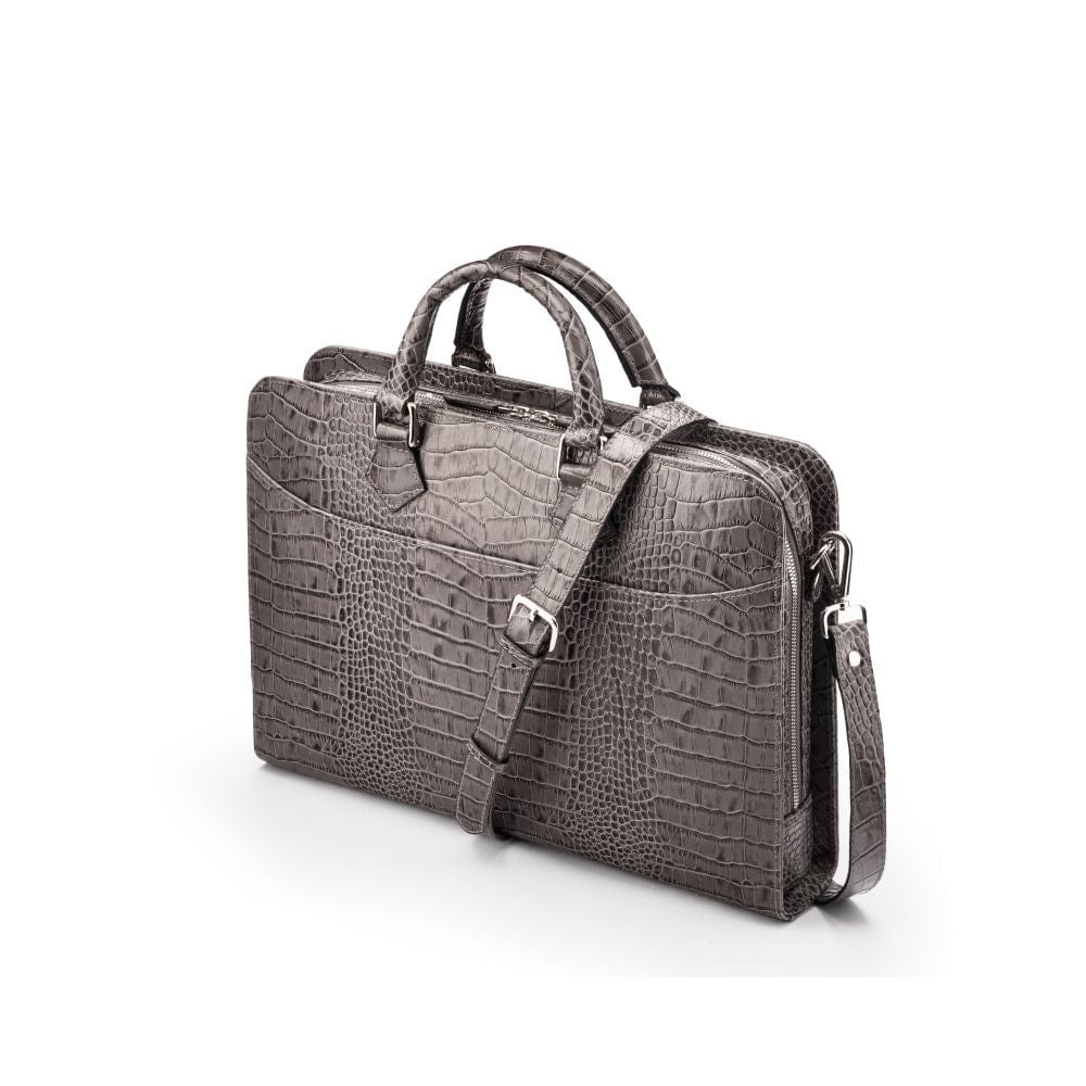 Leather Trinity 13&quot; laptop briefcase, grey croc, side view