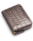 Small leather zip around accordion coin purse, grey croc, front view