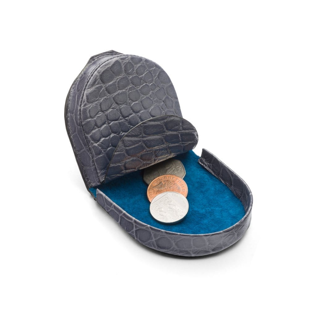 Leather horseshoe coin purse, grey croc, open