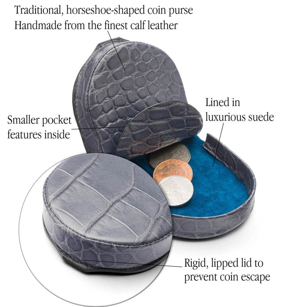 Leather horseshoe coin purse, grey croc, features