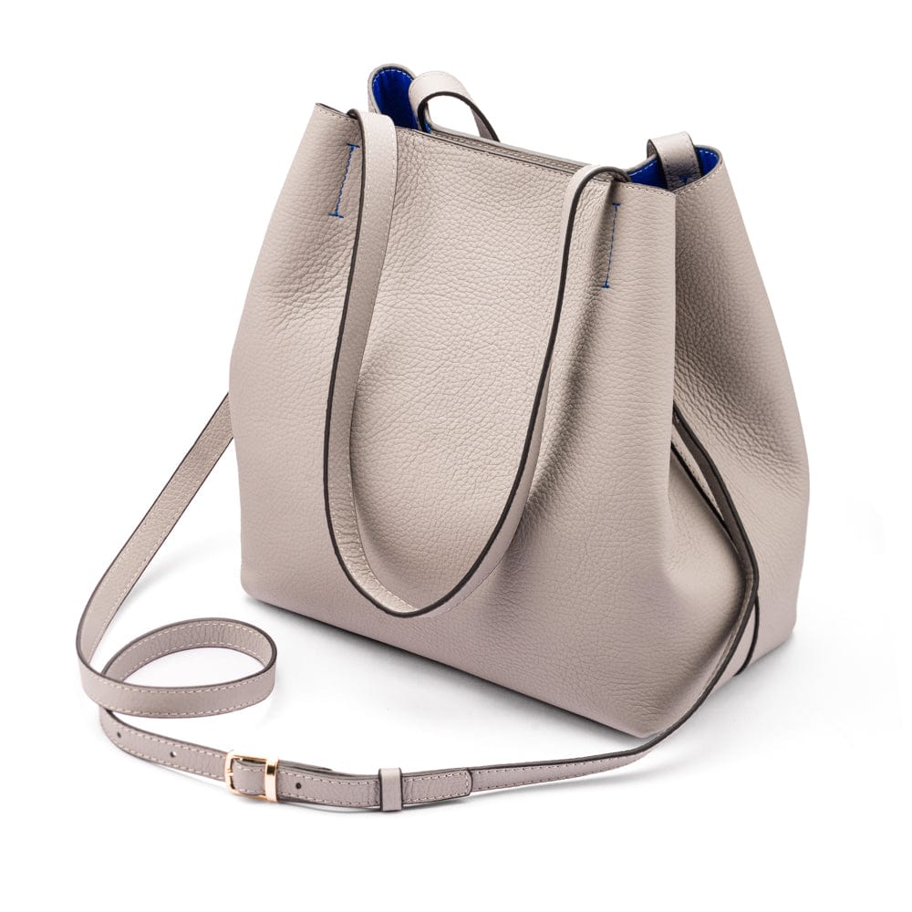 Leather tote bag, grey, with shoulder strap