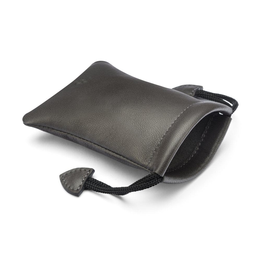 Grey Leather Drawstring Coin Pouch