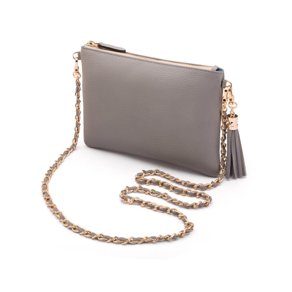 Leather cross body bag with chain strap, grey
