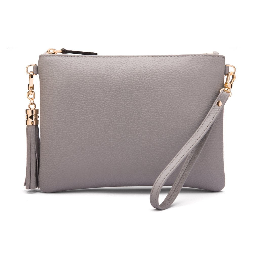 Leather cross body bag with chain strap, grey, without shoulder strap