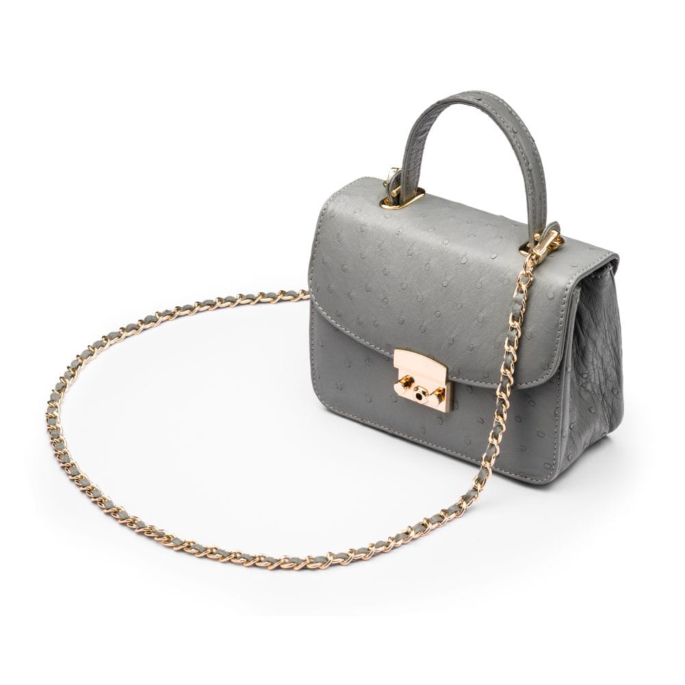 Ostrich leather Betty bag with top handle, grey ostrich, side