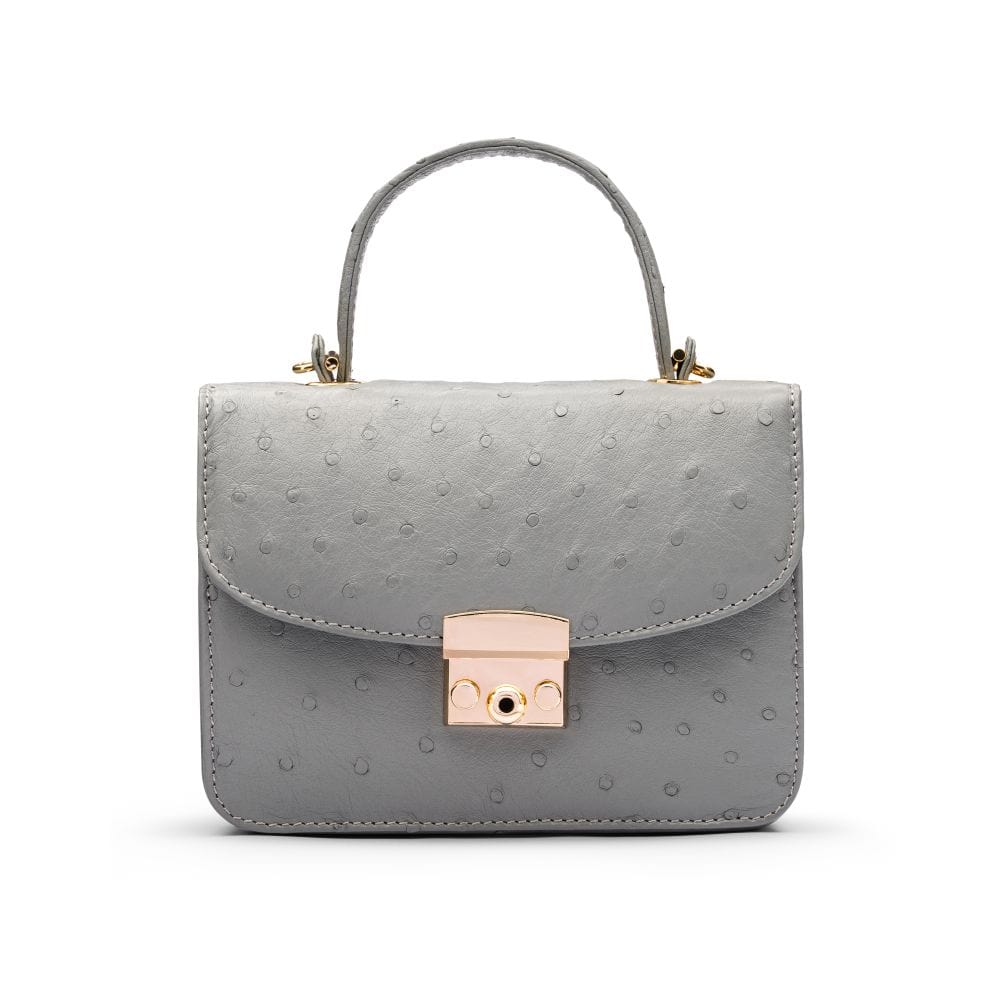 Ostrich leather Betty bag with top handle, grey ostrich, front