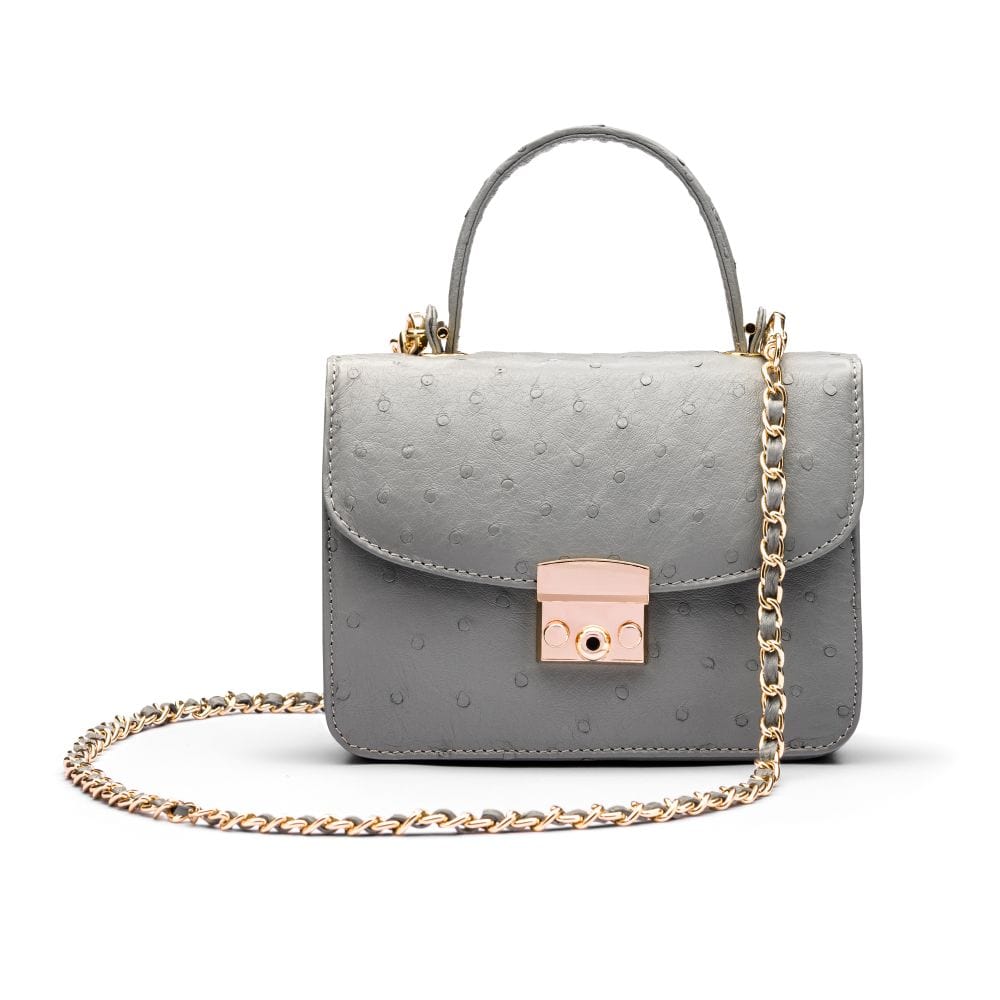 Ostrich leather Betty bag with top handle, grey ostrich, front with chain strap