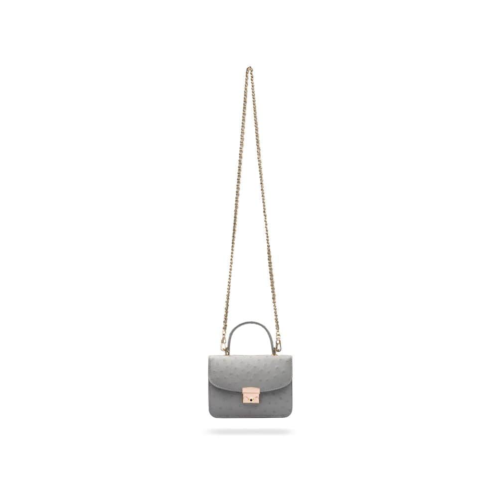 Ostrich leather Betty bag with top handle, grey ostrich, with long chain strap