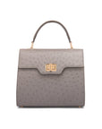 Real ostrich top handle bag, grey, front view