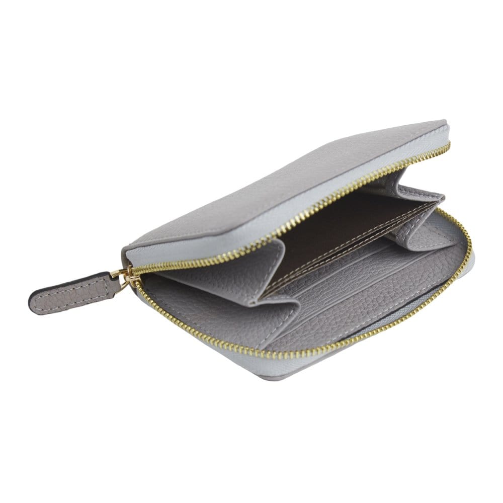 Small leather zip around coin purse, grey, interior