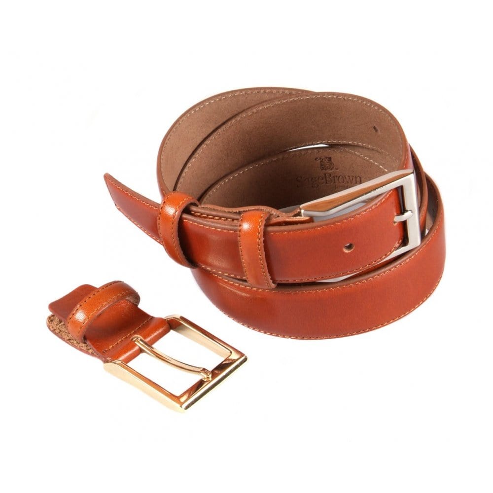 Leather belt with 2 buckles, havana tan