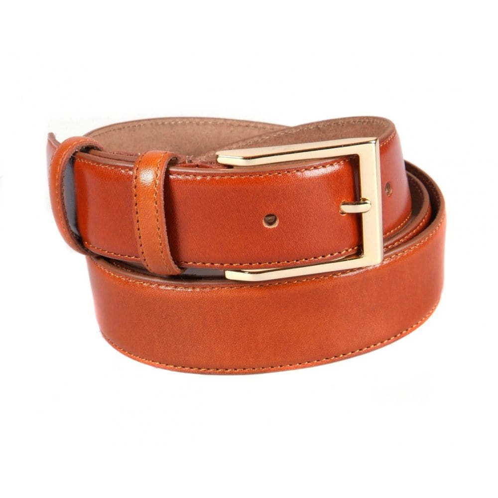 Leather belt with gold buckle, havana tan