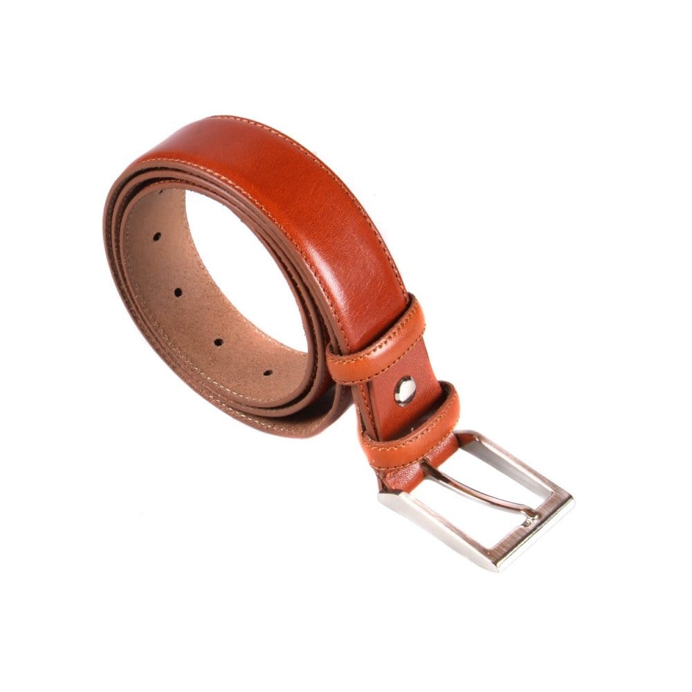 Leather belt with silver buckle, havana tan