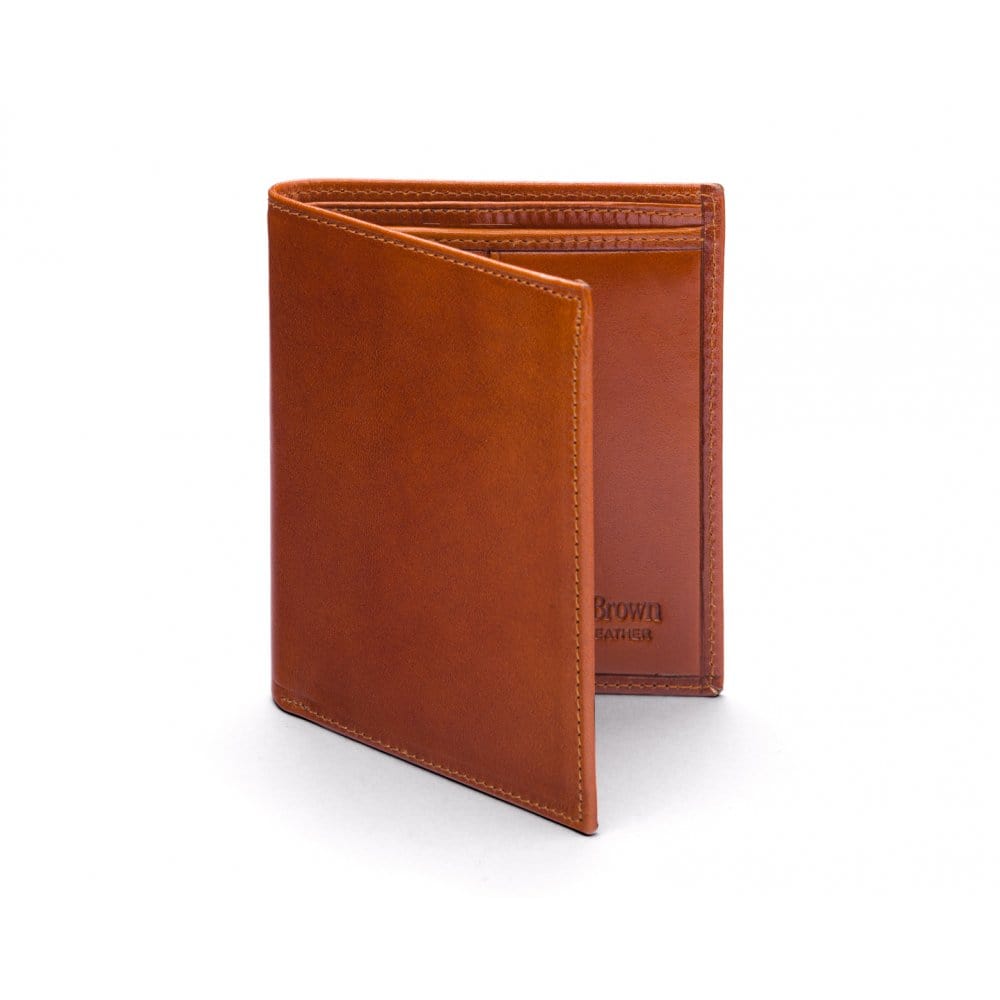 Bifold leather wallet with 6 credit cards, havana tan, front