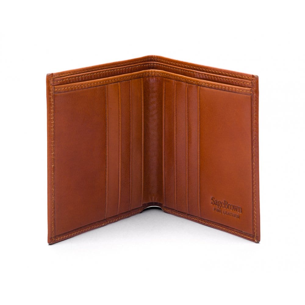 Bifold leather wallet with 6 credit cards, havana tan, open