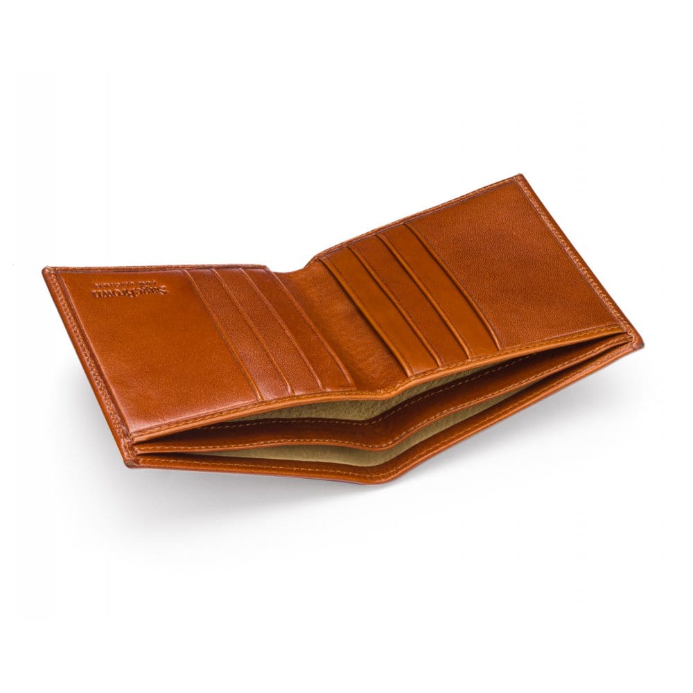 Bifold leather wallet with 6 credit cards, havana tan, inside