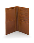 Tall leather wallet with 8 card slots, havana tan, open