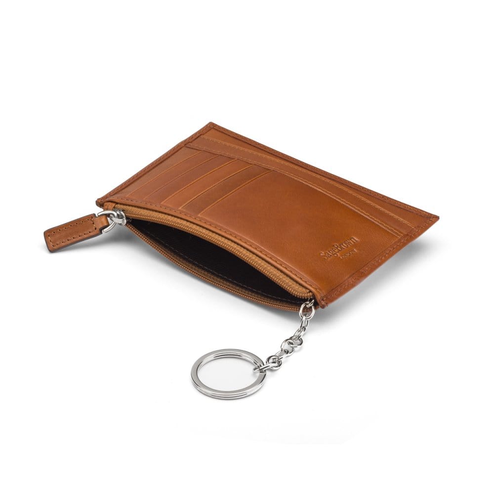 Flat leather card wallet with jotter and zip, havana tan, open