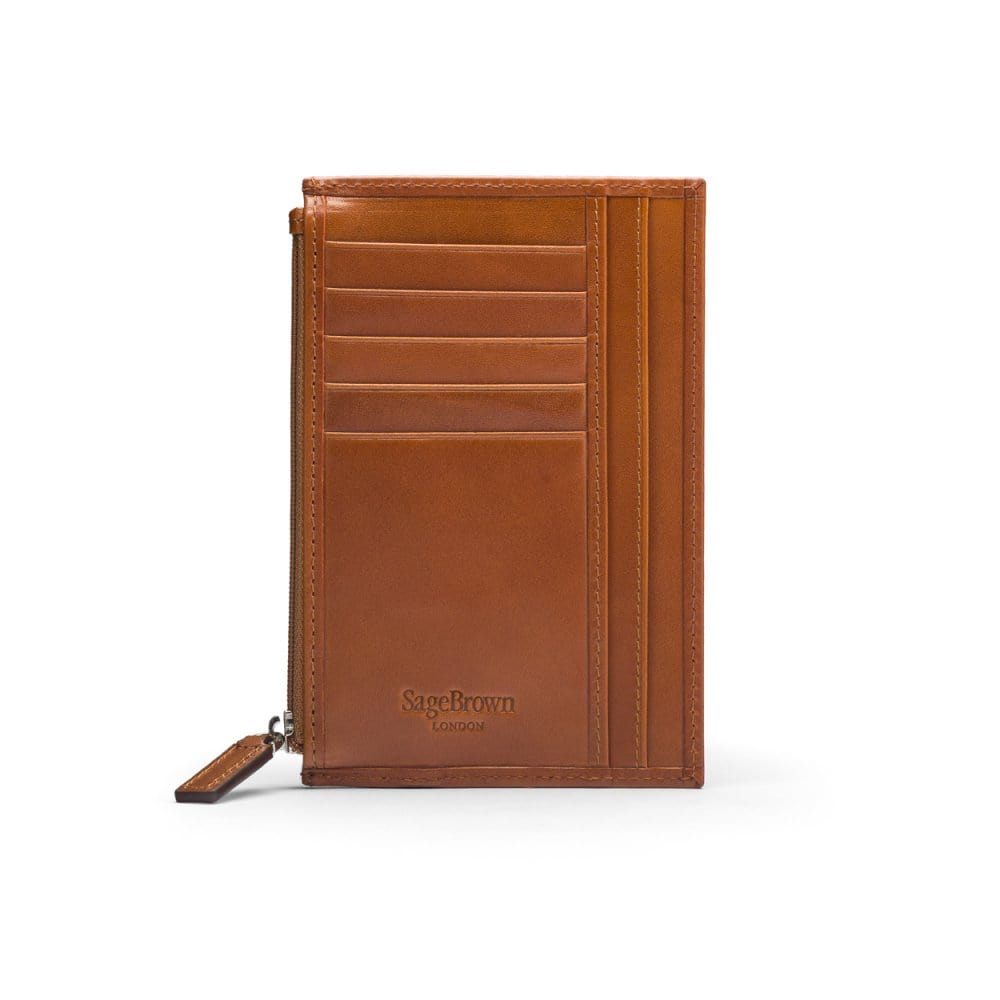 Flat leather card wallet with jotter and zip, havana tan, back