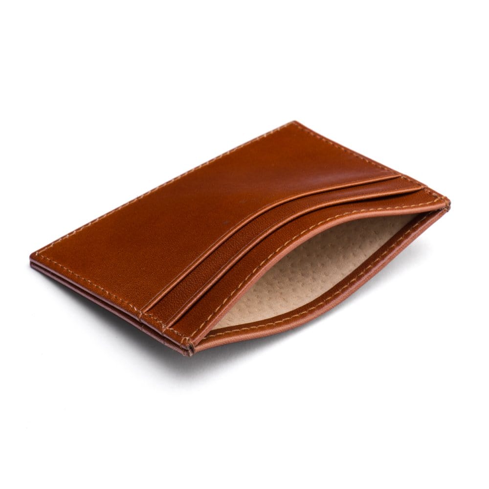 Flat leather credit card wallet 4 CC, havana tan, inside
