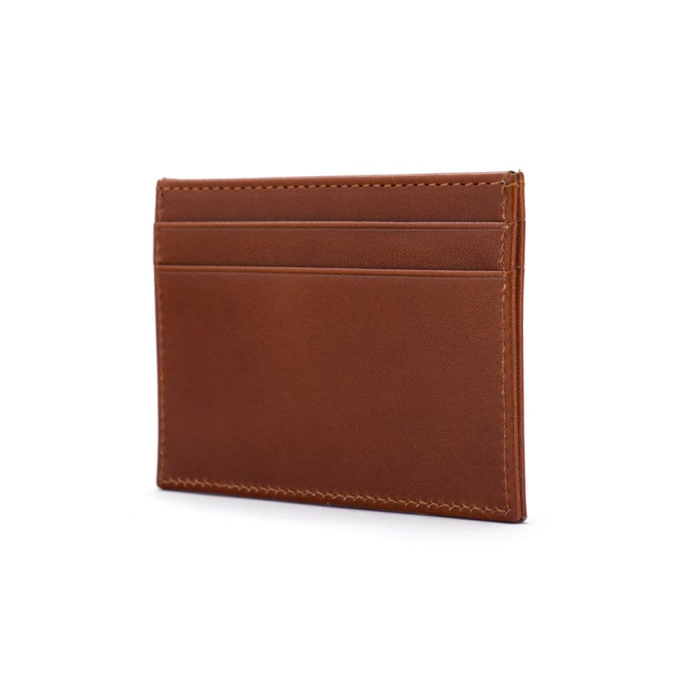 Flat leather credit card wallet 4 CC, havana tan, front