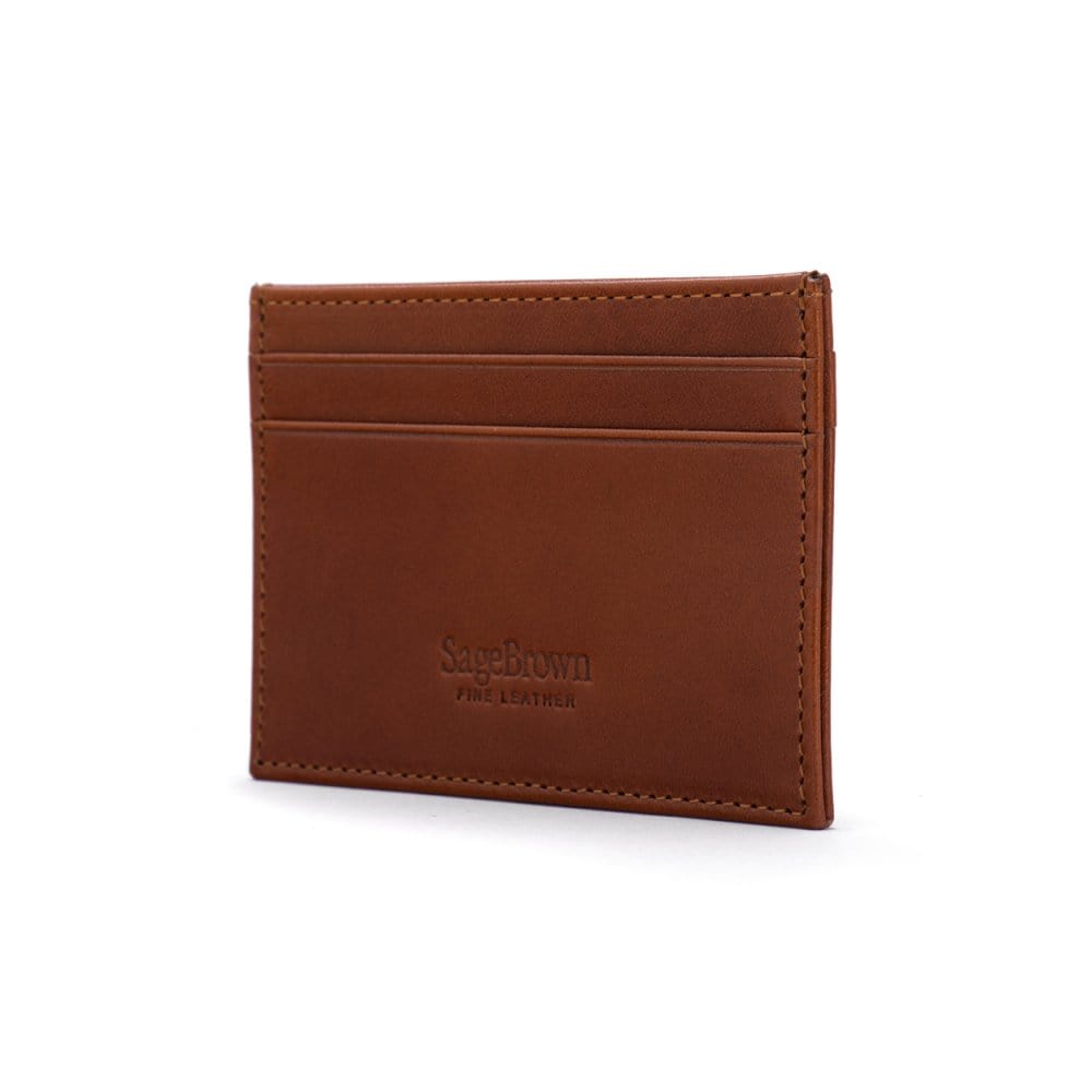 Flat leather credit card wallet 4 CC, havana tan, back