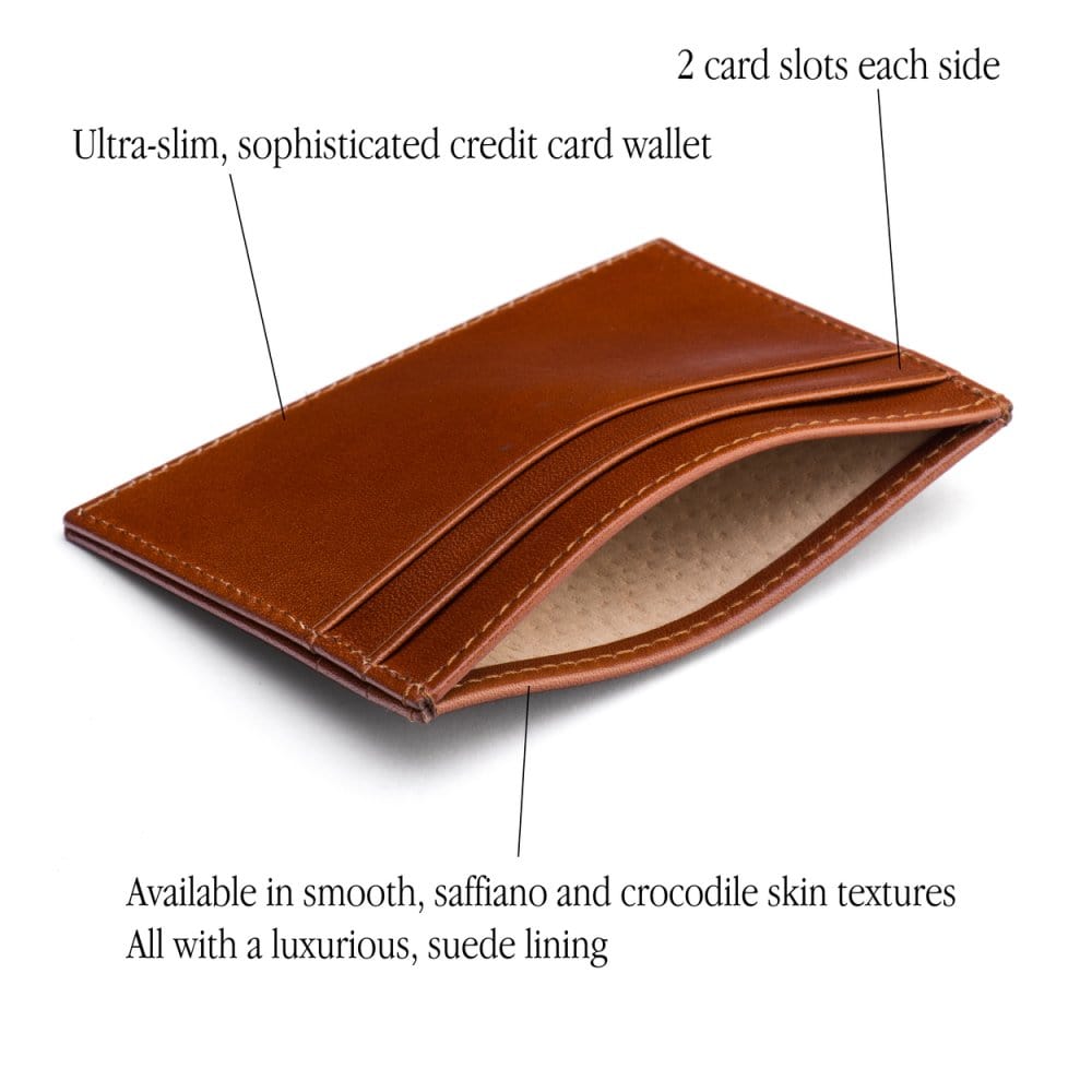 Flat leather credit card wallet 4 CC, havana tan, features