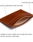 Flat leather credit card wallet 4 CC, havana tan, features