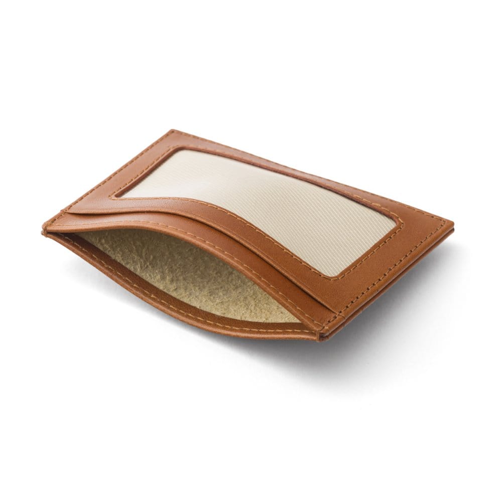 Flat leather card wallet with ID window, havana tan, inside