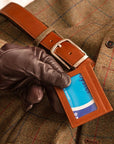 Flat leather card wallet with ID window, havana tan, lifestyle