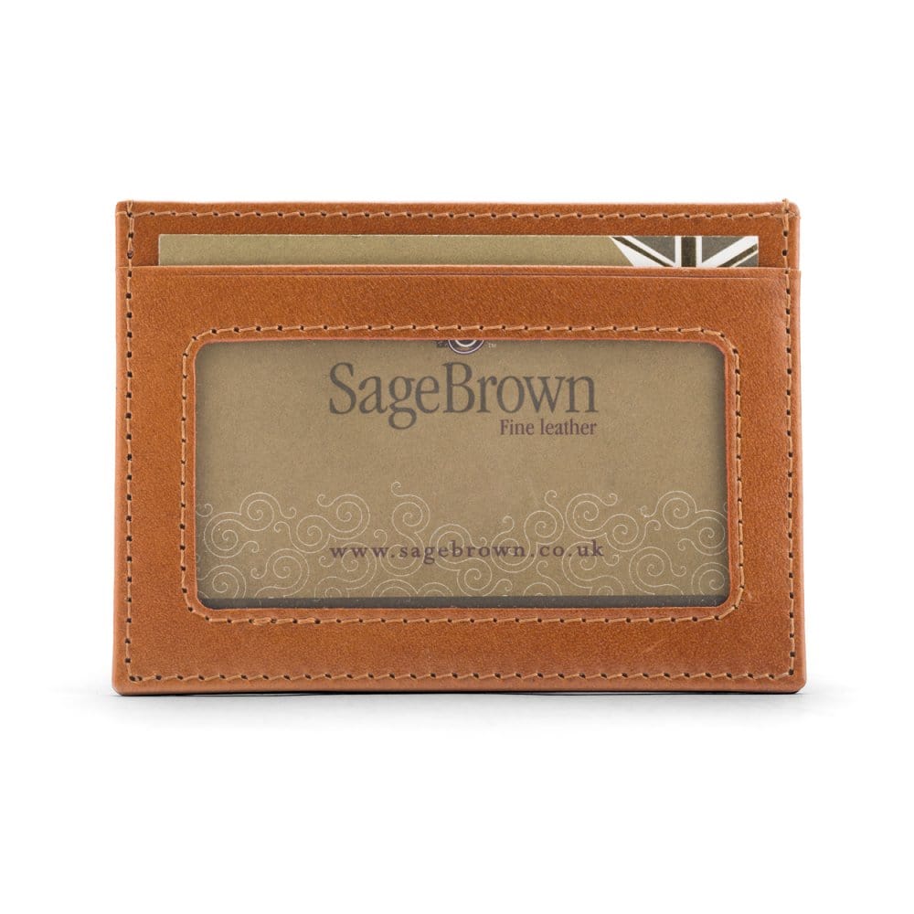 Flat leather card wallet with ID window, havana tan, front
