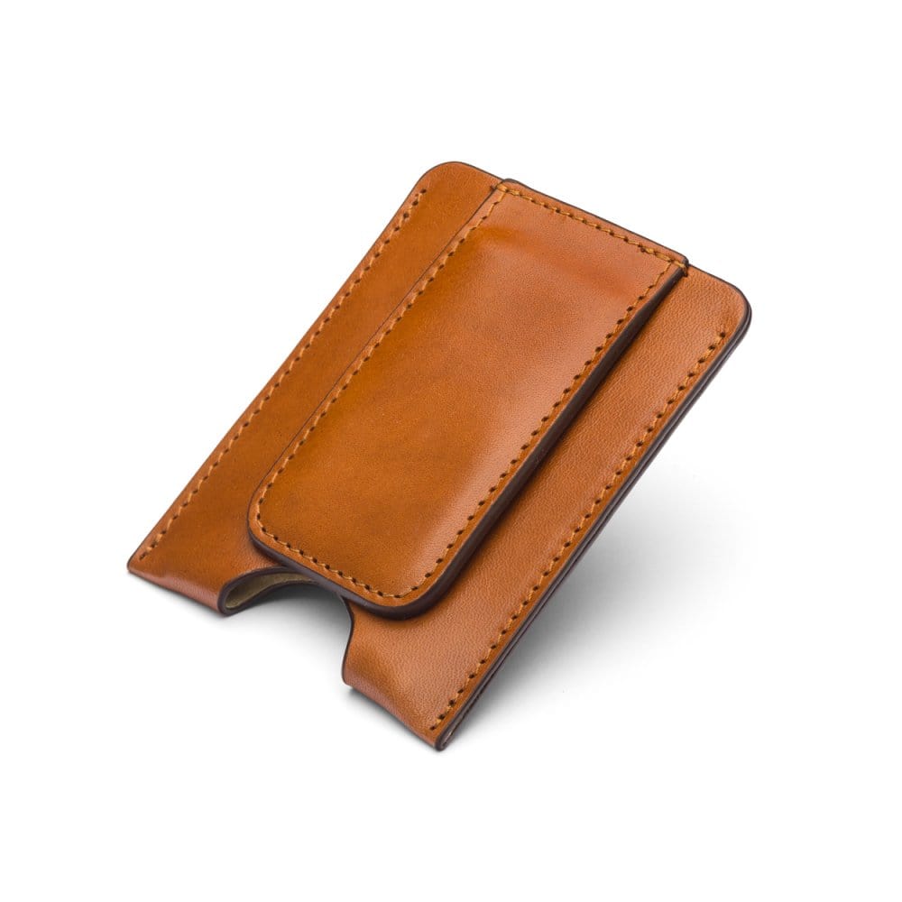 Flat magnetic leather money clip card holder, havana tan, front