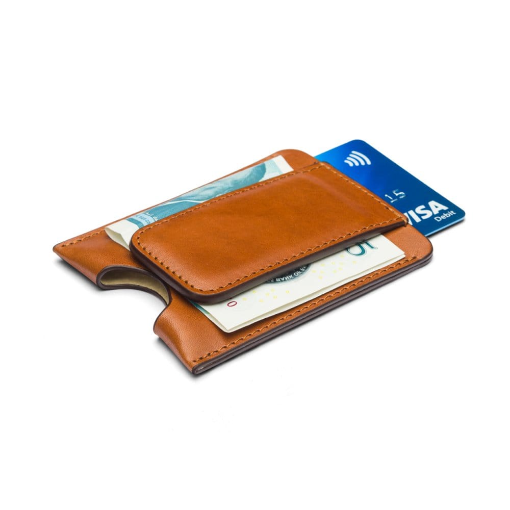 Flat magnetic leather money clip card holder, havana tan, side