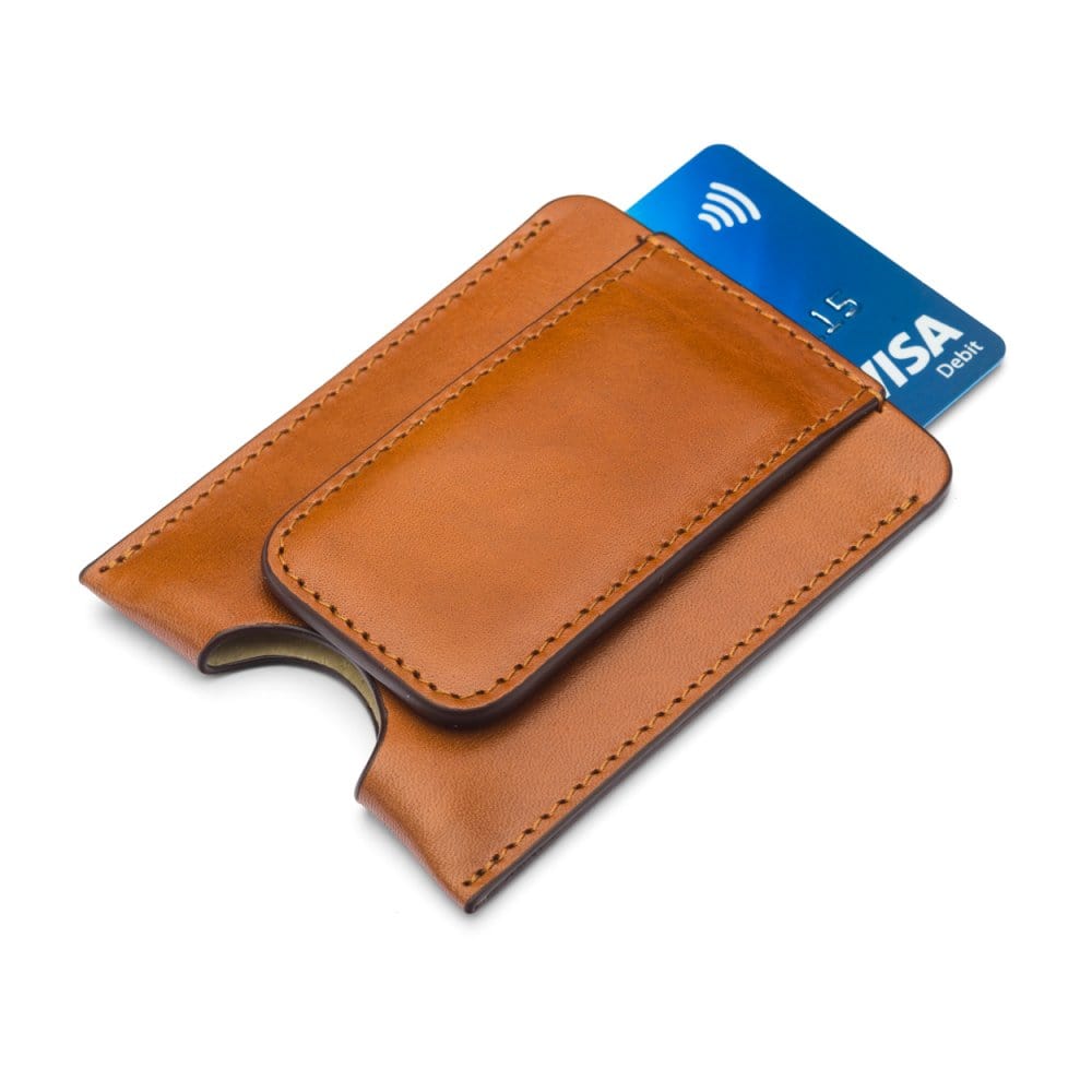 Flat magnetic leather money clip card holder, havana tan