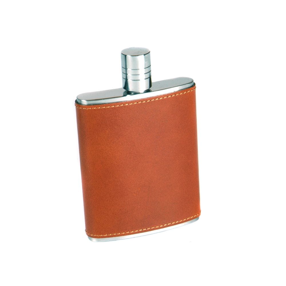 3oz leather hip flask, havana tan, front view