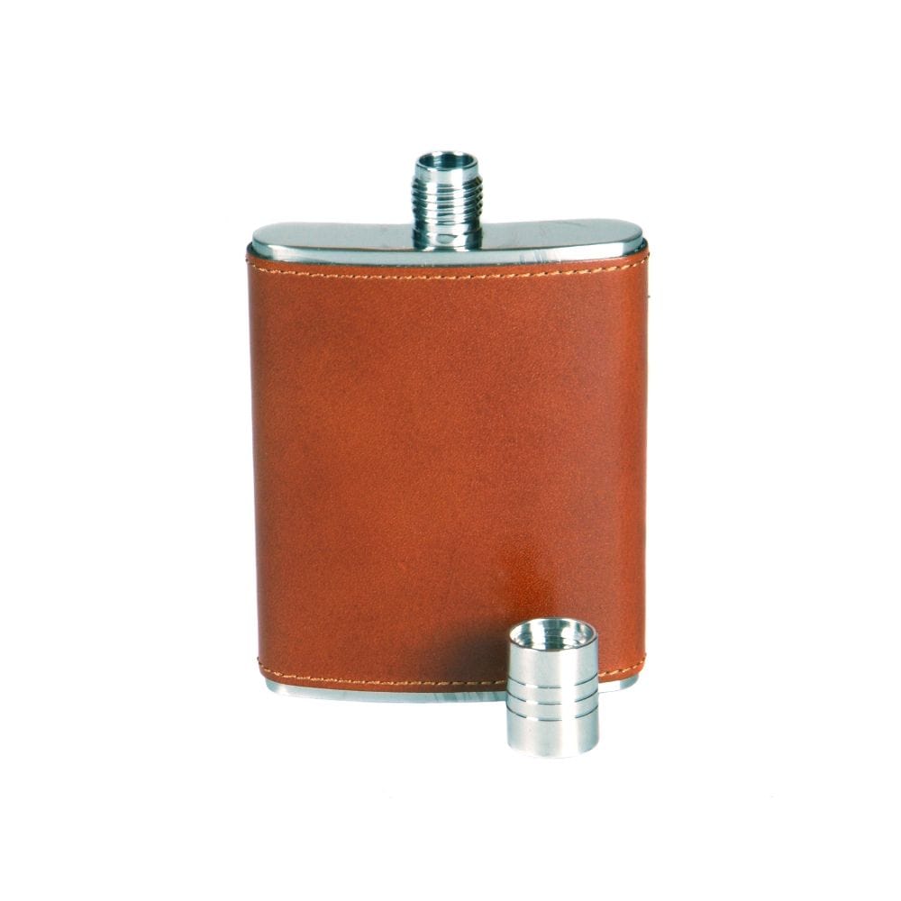 3oz leather hip flask, havana tan, front 