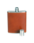 3oz leather hip flask, havana tan, front 