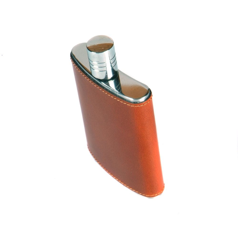 3oz leather hip flask, havana tan, top view