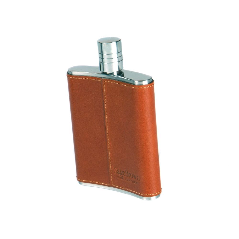 3oz leather hip flask, havana tan, back view