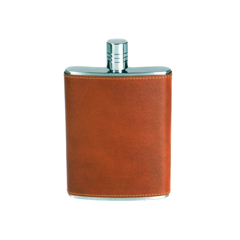 5oz leather hip flask, havana tan, front view