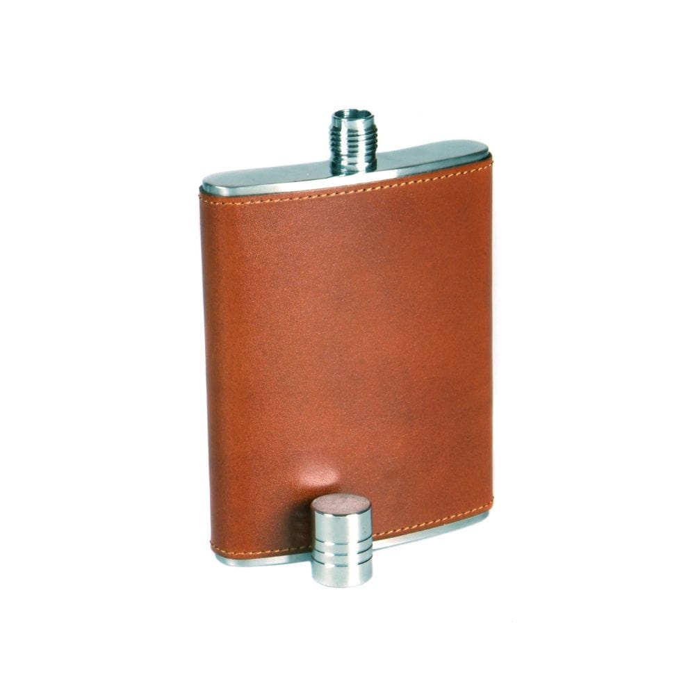 5oz leather hip flask, havana tan, front