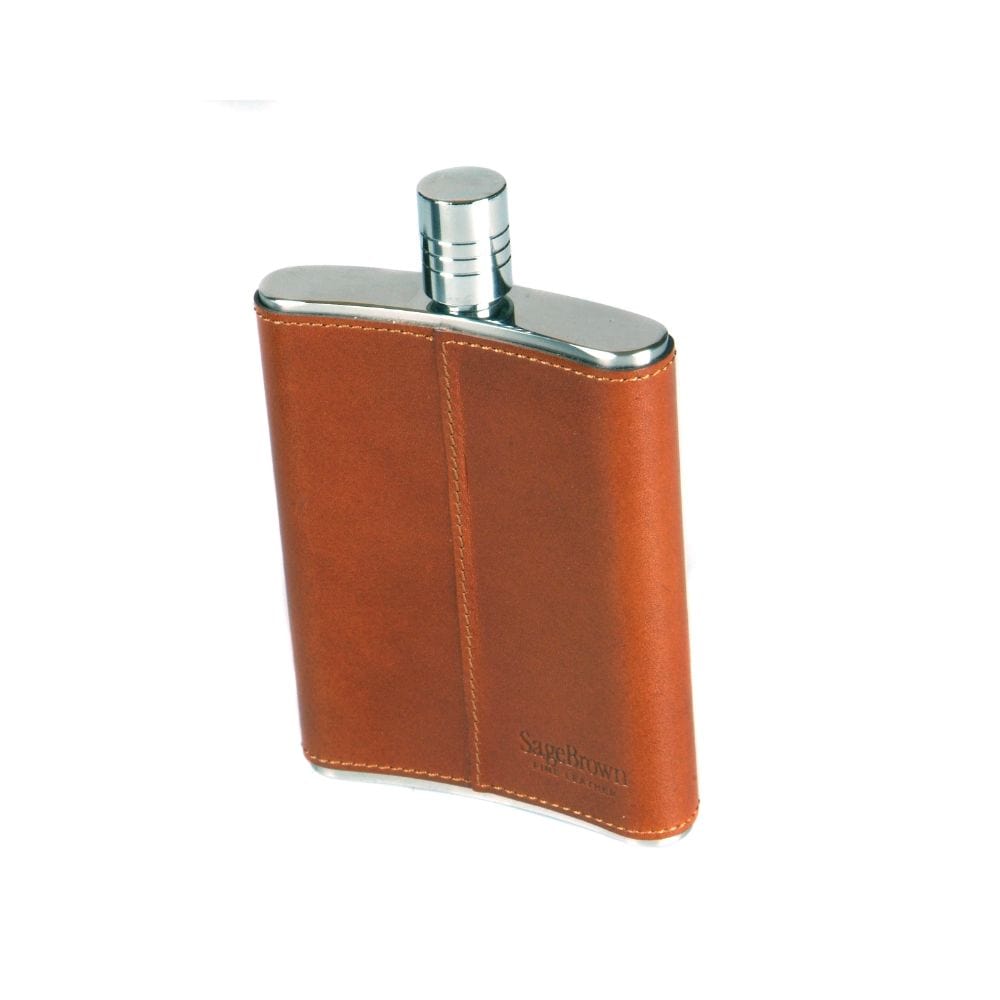 5oz leather hip flask, havana tan, back view