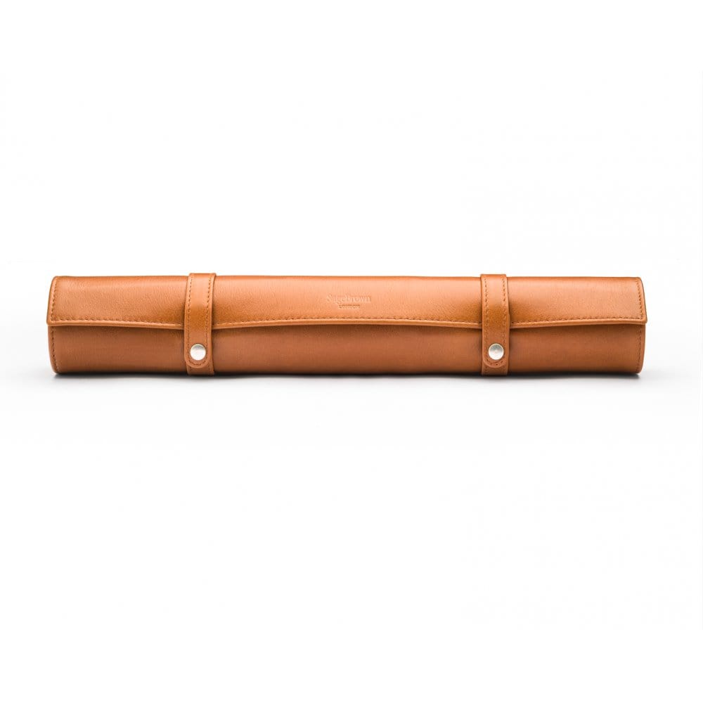 Leather backgammon roll, tan with green, front