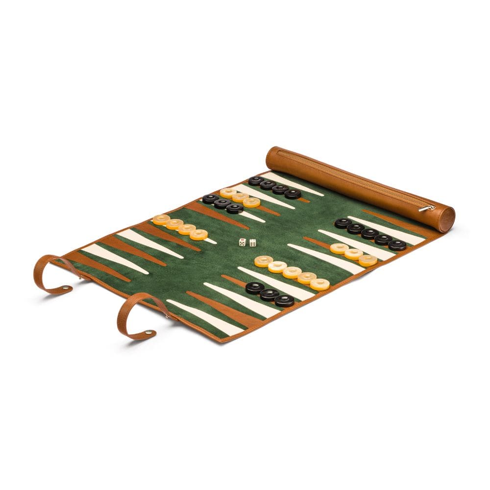 Leather backgammon roll, tan with green