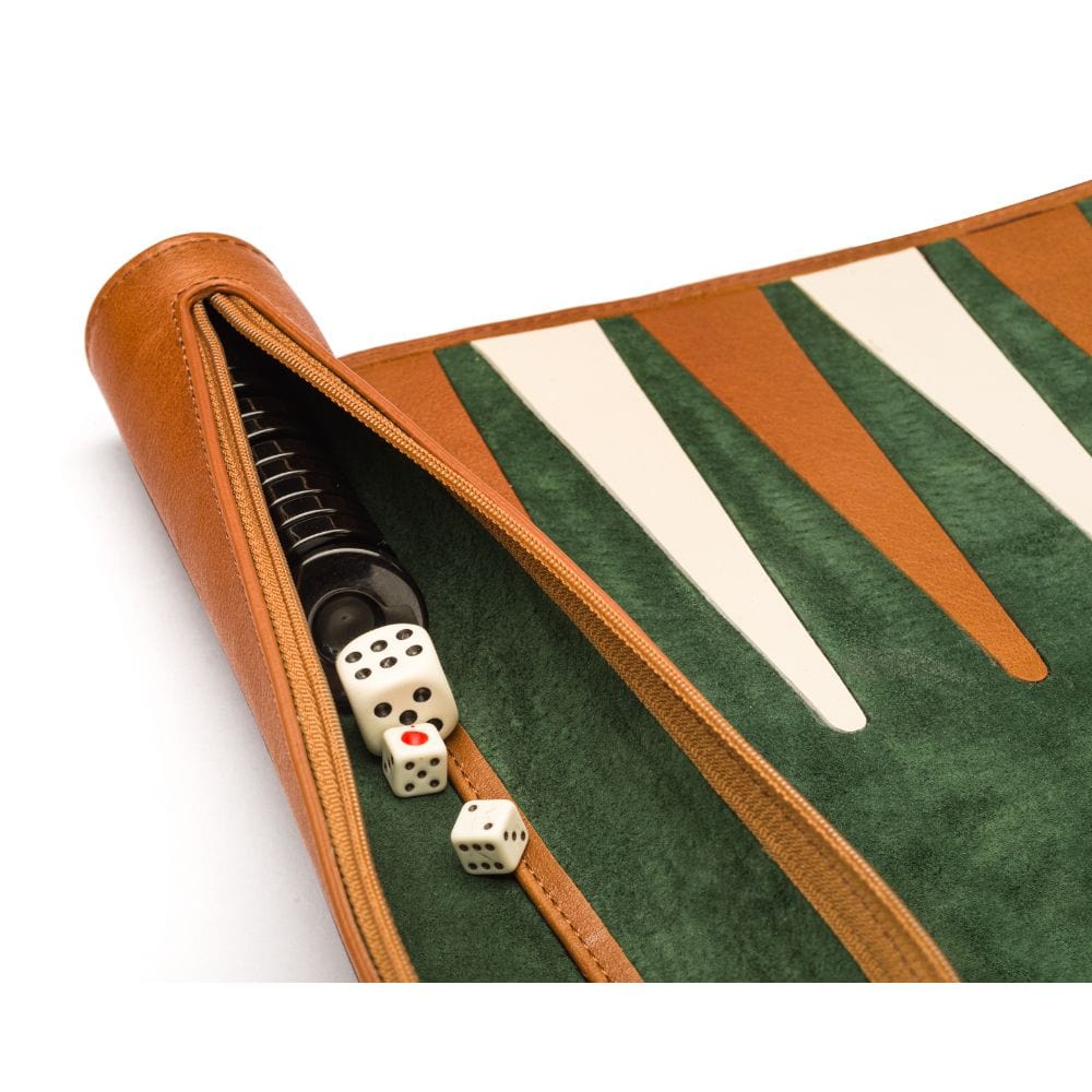 Leather backgammon roll, tan with green, close up