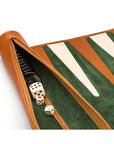 Leather backgammon roll, tan with green, close up