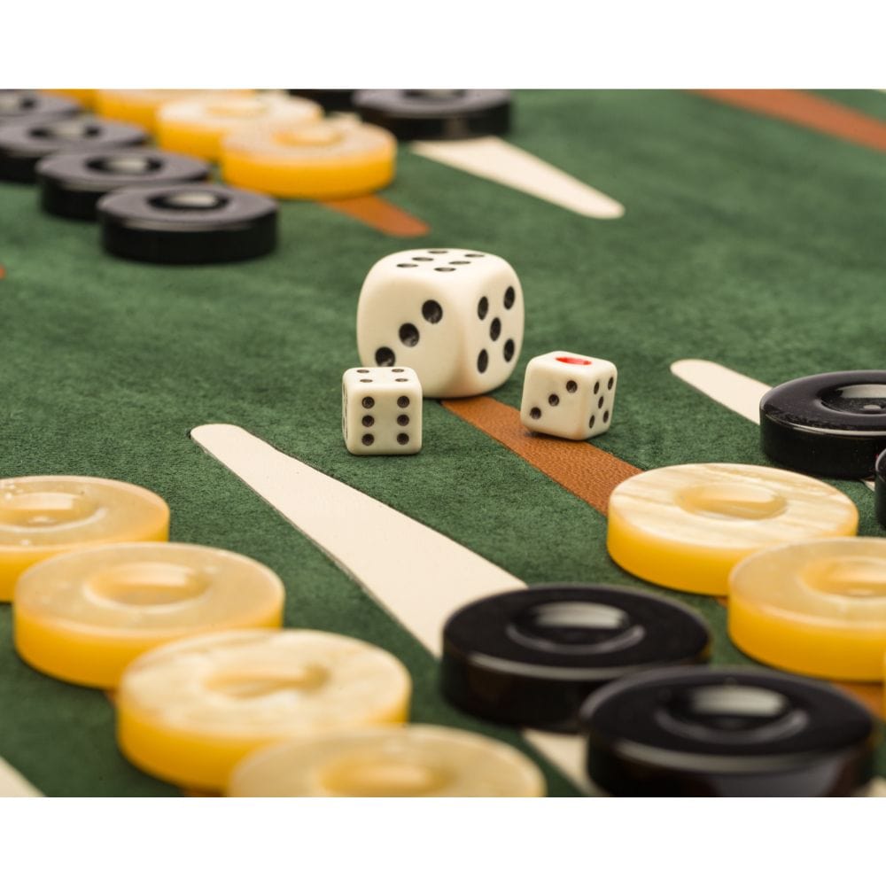 Leather backgammon roll, tan with green, dice and counters