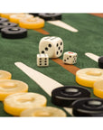 Leather backgammon roll, tan with green, dice and counters